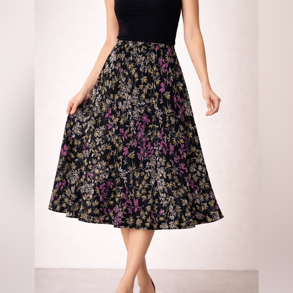 JM Collection Black Floral Midi Skirt with Pink and Cream Accents